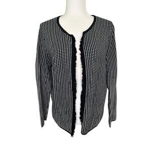 Talbots Black White Polka Dot Open Front Fringe Detail Cardigan Size Large